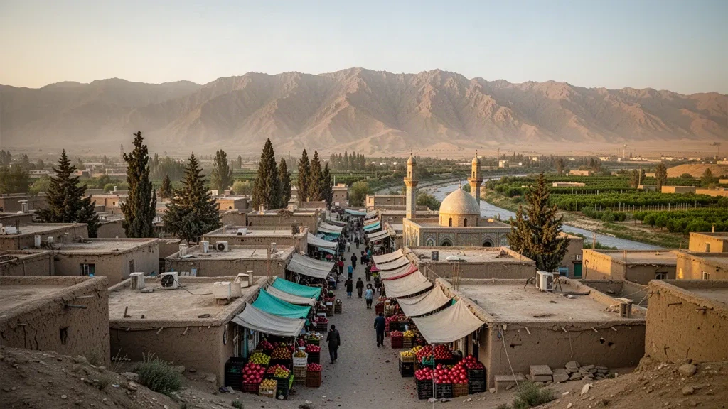 Golden-hour view over Khost, Afghanistan, with low-rise bazaars, a domed mosque and the Sulaiman mountains rising behind the city.