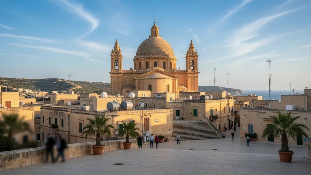 Gozo, Malta'da altın saatlerde köy çatılarının üzerinde yükselen Xewkija Rotunda'sının kireçtaşı kubbesi ve çan kuleleri