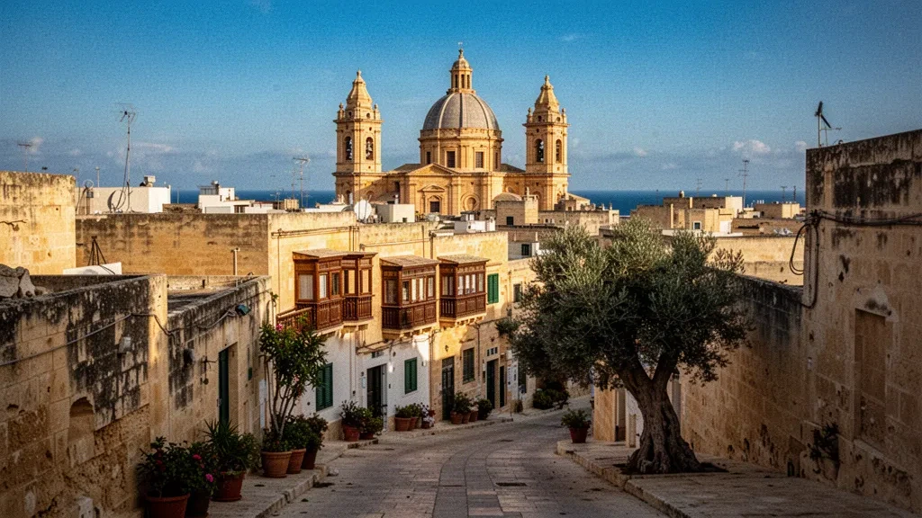 Golden limestone rooftops, traditional balconies and the dome of St Catherine's Parish Church in Żejtun, Malta, in warm afternoon light