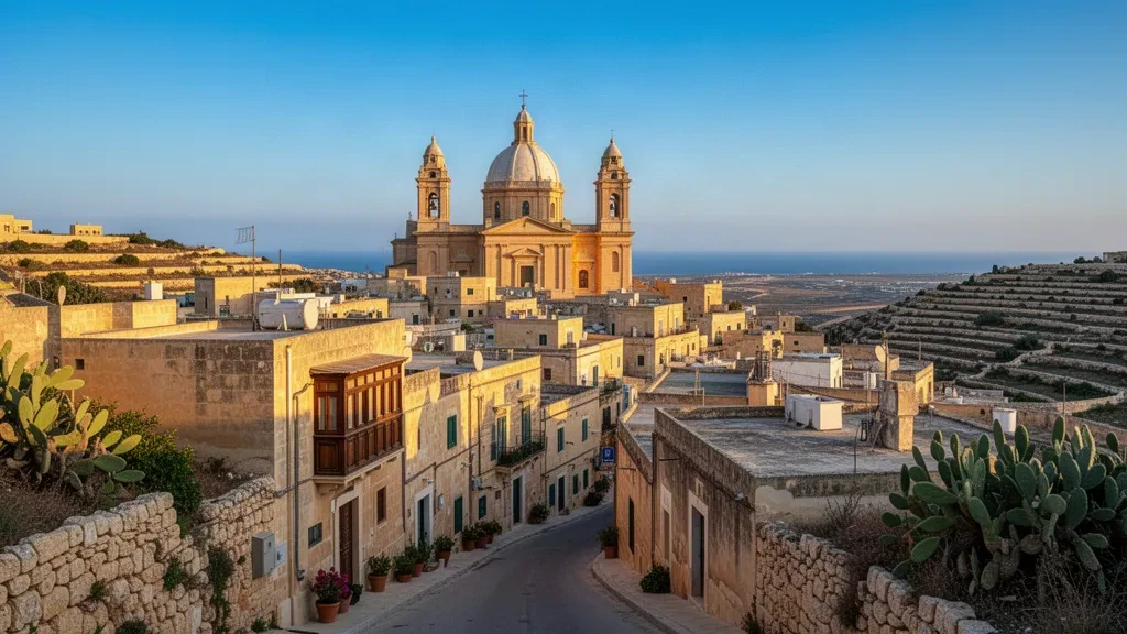 Dôme de l'église paroissiale et maisons en pierre calcaire dorée de Żurrieq, à Malte, baignées par la douce lumière méditerranéenne de fin d'après-midi