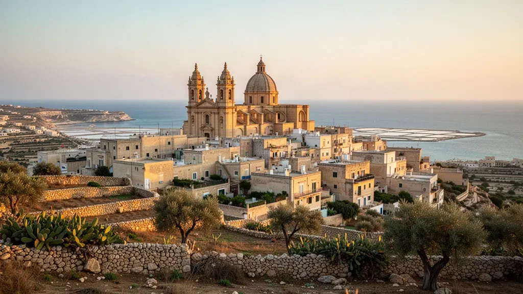 Żebbuġ, Gozo'nun altın saat ışığında görünümü; barok bölge kilisesinin kubbesi, bal rengi kireç taşı evler ve teraslı tarlaların üzerinde yükseliyor