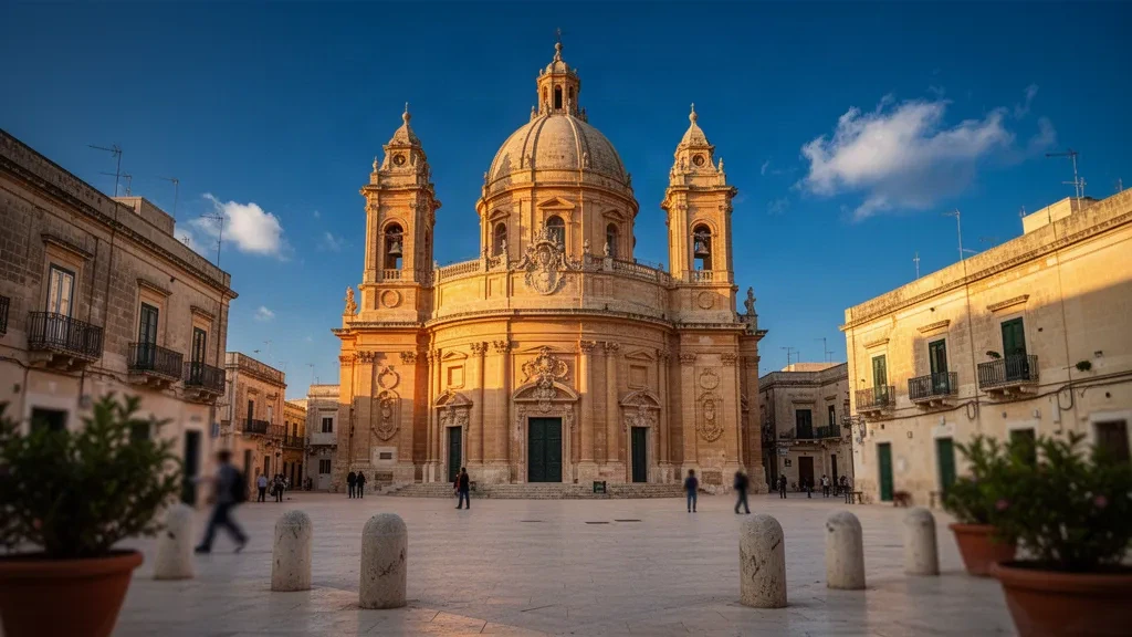 Église paroissiale baroque de Saint Philippe d'Agira s'élevant au-dessus de la place en pierre calcaire baignée de soleil à Żebbuġ, Malte