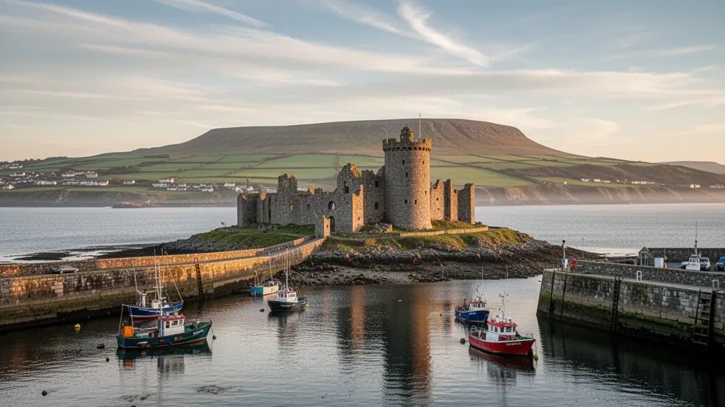 Peel Castle auf St Patrick's Isle zur goldenen Stunde, das Glenfaba auf der Isle of Man repräsentiert