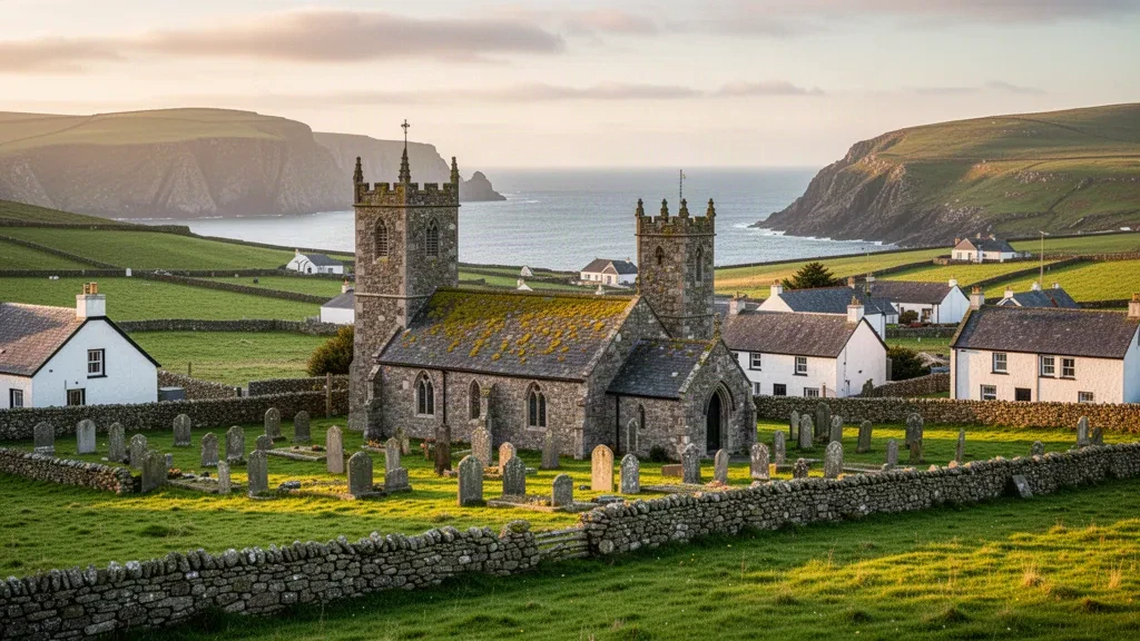 Historic stone church and green countryside in Kirk Michael village on the Isle of Man's west coast
