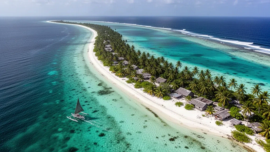 Vue aérienne de l'atoll d'Ailinglaplap aux îles Marshall, montrant l'eau turquoise du lagon, des îlots coralliens et des cocoteraies.