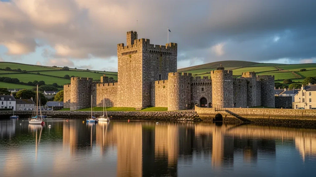 Castle Rushen in Castletown, Isle of Man, vom Hafen aus zur goldenen Stunde mit Spiegelungen und grünen Hügeln.