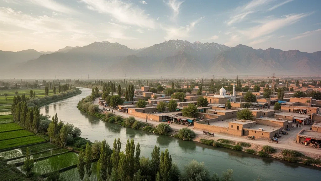 Blick zur goldenen Stunde auf den Kunduz-Fluss, der an Lehmziegel-Basarvierteln und Pappelhainen in Kunduz, Nordafghanistan, vorbeifließt