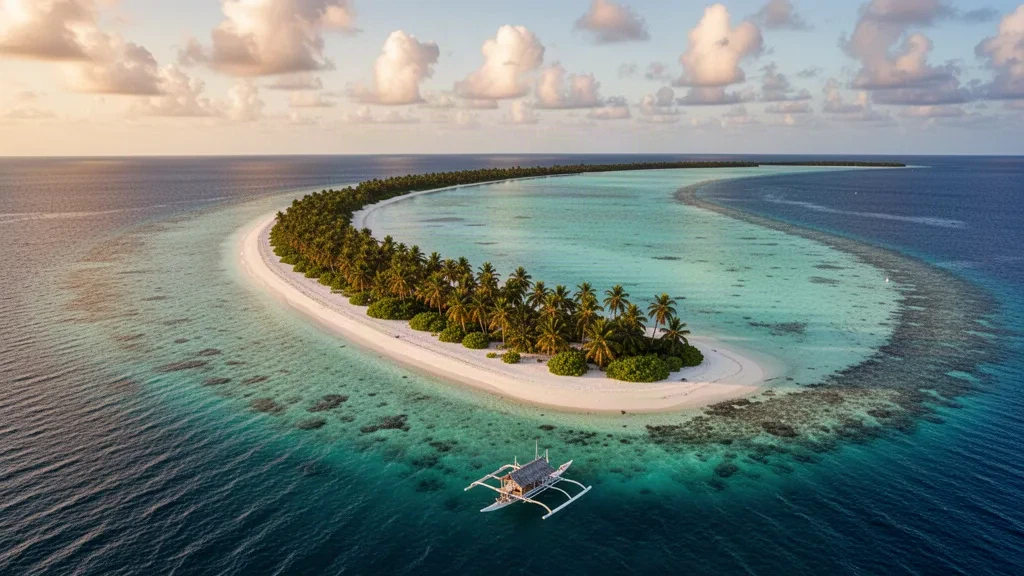Aerial view of Arno Atoll in the Marshall Islands with turquoise lagoon water, palm-covered islets and a traditional outrigger canoe