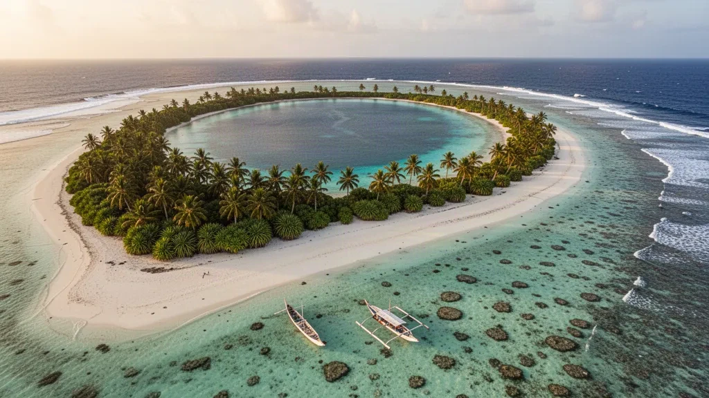 Vista aérea del atolón de Aur en las Islas Marshall que muestra una laguna turquesa, islotes cubiertos de palmeras y una canoa tradicional de balancín en la arena