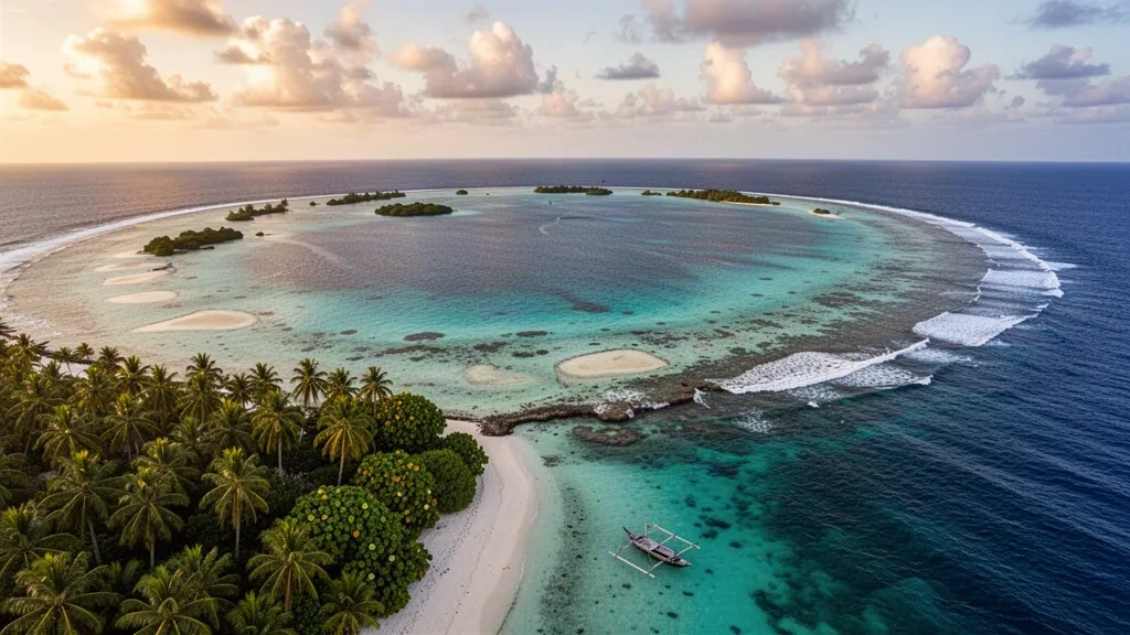 Aerial view of Jaluit Atoll in the Marshall Islands showing its turquoise lagoon, coral reef ring and palm-covered islets