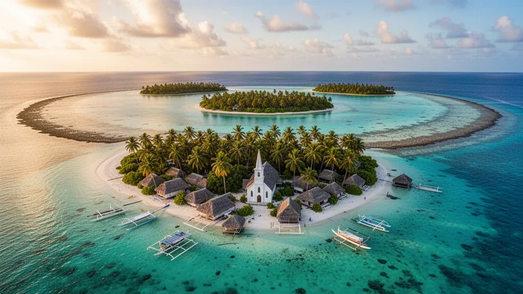 Aerial view of Likiep Atoll in the Marshall Islands featuring a turquoise lagoon, coral reefs, coconut palms, and a small village.