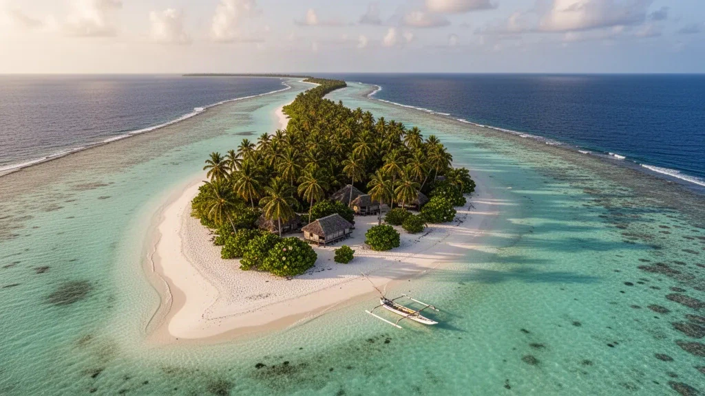 Vista aerea dell'Atollo di Lae nelle Isole Marshall, con palme da cocco, sabbia corallina bianca e una laguna turchese sotto la luce tropicale