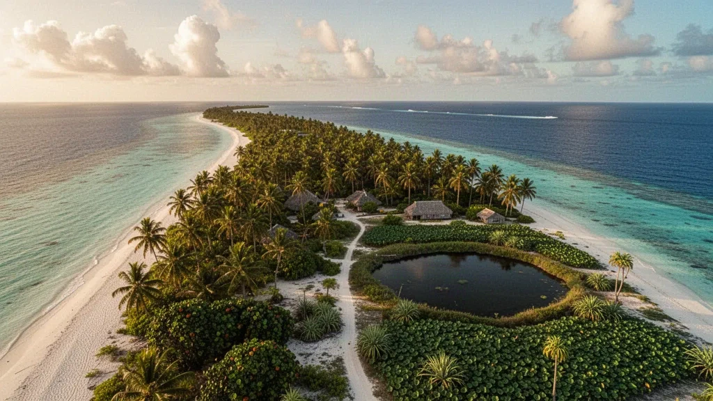 Vista aérea de la isla de Mejit, Islas Marshall, con palmeras de coco, orilla de arena blanca y agua turquesa de laguna