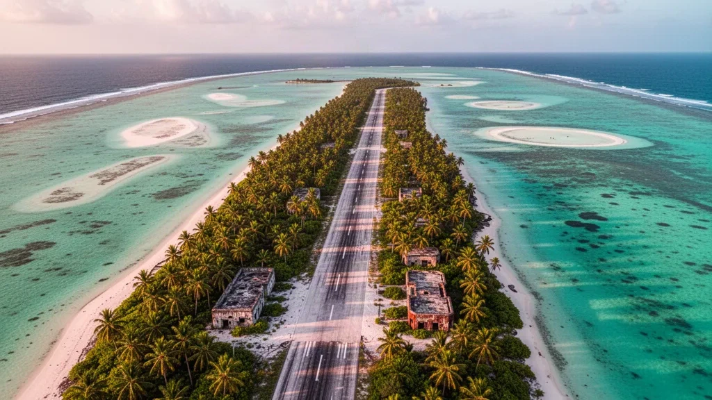 Vue aérienne de la piste d'atterrissage corallienne de l'époque de la guerre sur l'île de Taroa et du lagon turquoise de l'atoll de Maloelap, Îles Marshall
