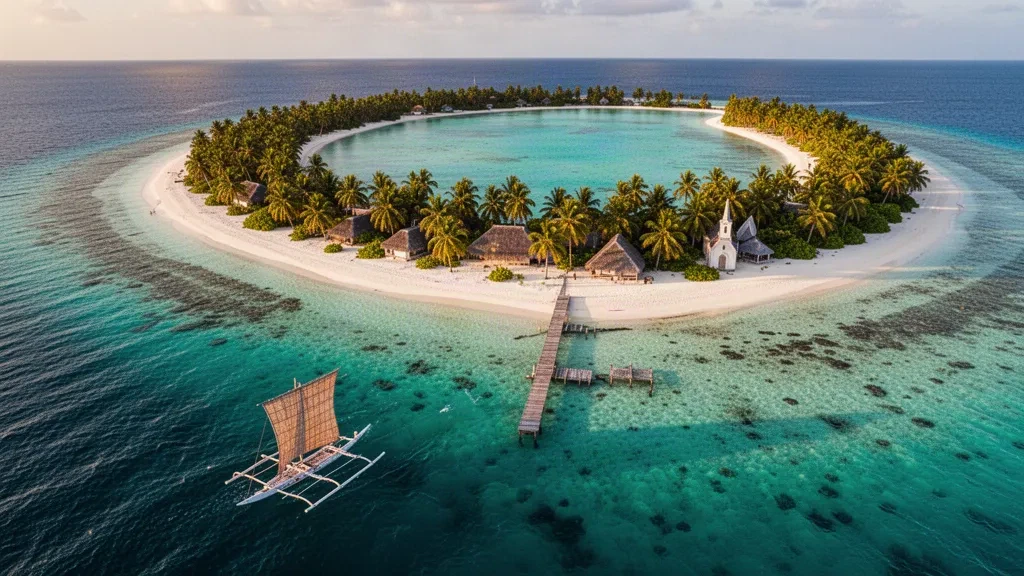 Vue aérienne de l'atoll de Namu, aux îles Marshall, avec un lagon turquoise, des cocotiers et une pirogue à balancier traditionnelle.