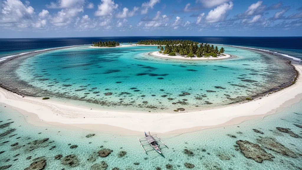 Vista aérea de la laguna turquesa, los islotes de coral y los palmerales del atolón de Rongelap en las Islas Marshall, captada bajo la brillante luz tropical.