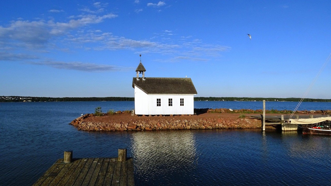 mariehamn, aland, aland islands, insel, kirche, ostsee, finnland, himmel, wasser, natur, meer