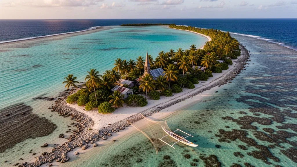 Luftaufnahme des Ujae-Atolls auf den Marshallinseln mit türkisfarbener Lagune, Kokospalmen, Inselhäusern und einem Auslegerkanu am Ufer