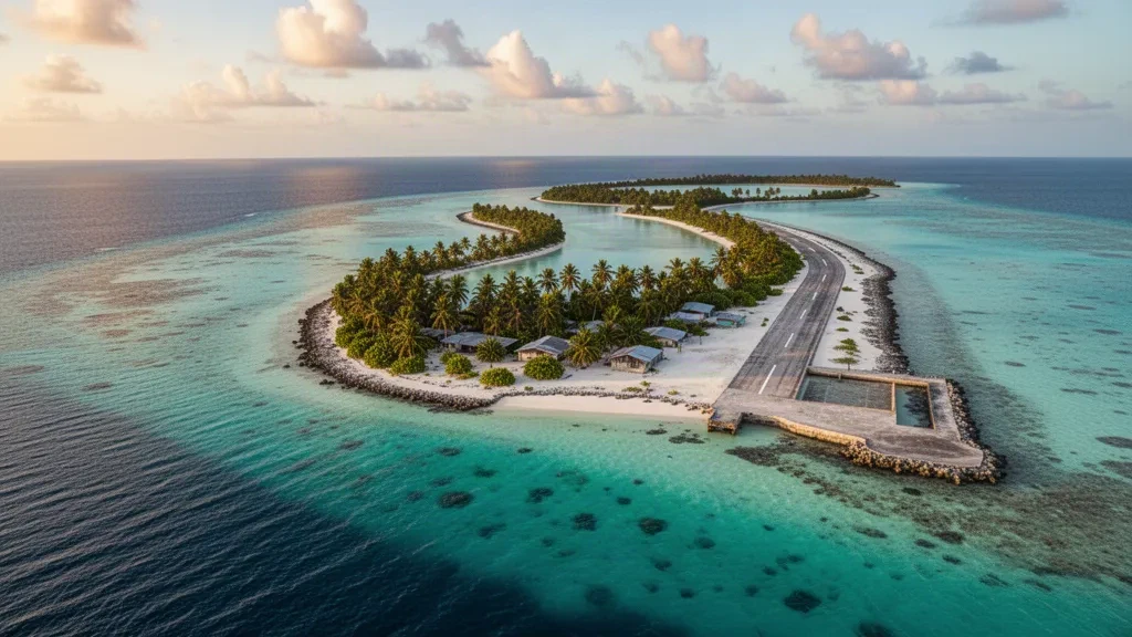Vue aérienne de l'atoll de Wotje aux Îles Marshall avec l'eau turquoise du lagon, des îlots couverts de palmiers et des plages de sable corallien