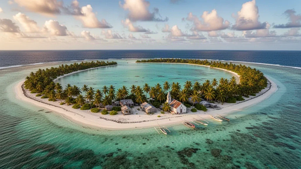 Atollo di Wotho nelle Isole Marshall con laguna turchese, isolotti coperti di palme e spiagge di sabbia bianca