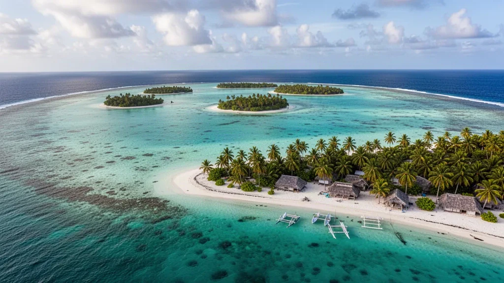 Atollo di Utrik nelle Isole Marshall, con acque turchesi della laguna, isolotti coperti di palme, spiagge di sabbia bianca e canoe tradizionali con bilanciere