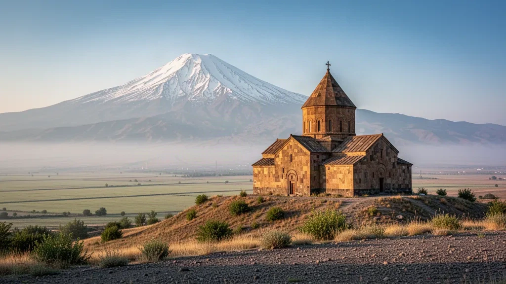 Khor Virap Monastery on its hill in Armenia with snow-capped Mount Ararat rising behind it in soft morning light