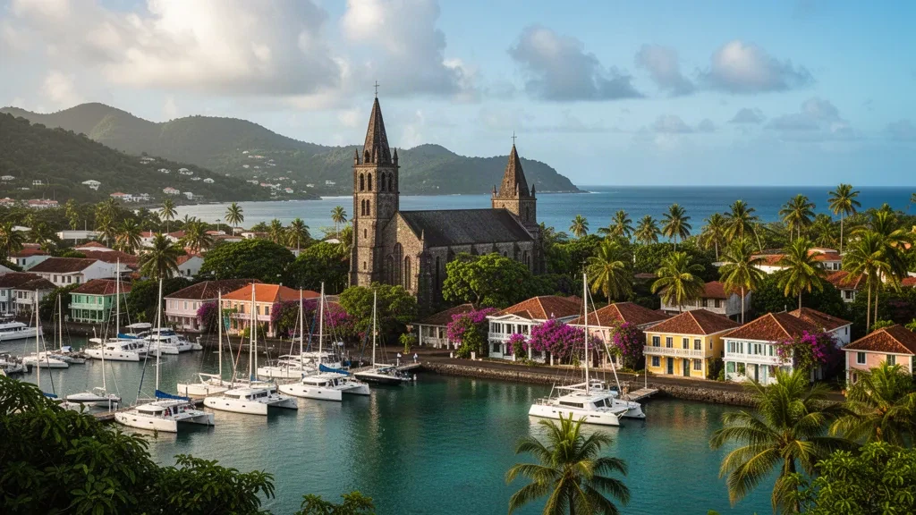 Sailboats moored in the turquoise bay of Le Marin, Martinique, with the historic church and green hills behind at golden hour