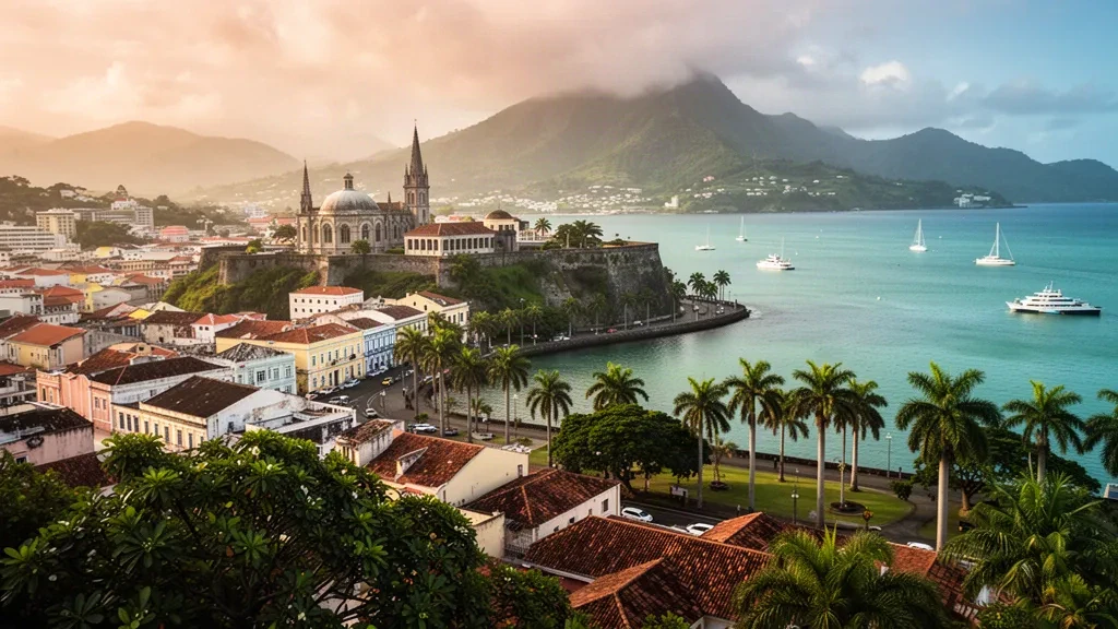 Uferpromenade und Bucht von Fort-de-France in Martinique mit Fort Saint-Louis, dem palmengesäumten Park La Savane und den Pitons du Carbet im Hintergrund