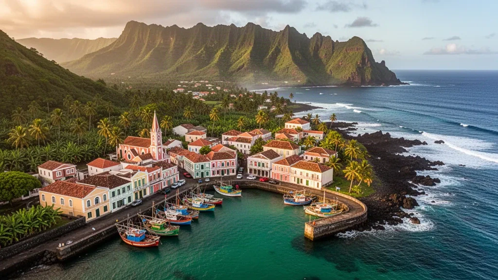 Küstenblick auf La Trinité, Martinique, mit türkisfarbenem Hafen, kreolischen Dächern und der grünen Halbinsel Caravelle zur goldenen Stunde