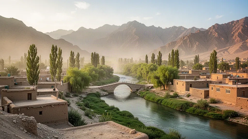 Ansicht von Pul-e Alam in der Provinz Logar, Afghanistan, zur goldenen Stunde mit einem grünen Flusstal, traditionellen Lehmhäusern und umliegenden Bergen.