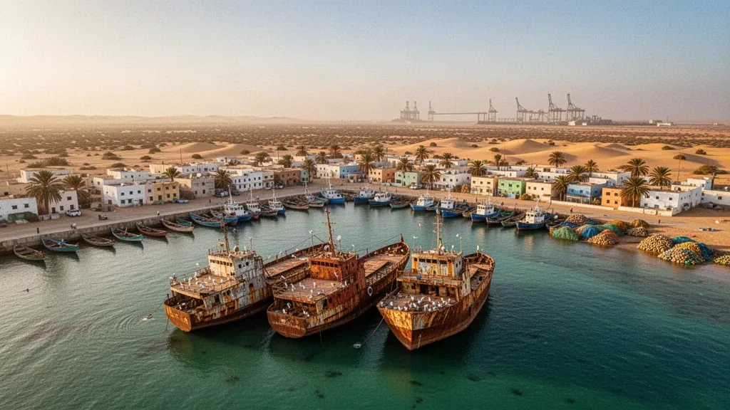 Nouadhibou, Moritanya'nın turkuaz liman sularında altın saatte paslı gemi enkazları, ötede balıkçı tekneleri ve kumullar