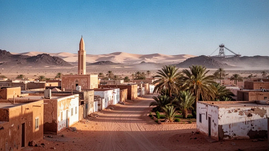Rues en briques de terre ocre, minaret de mosquée et oasis de palmiers d'Akjoujt, capitale de la région mauritanienne de l'Inchiri, sous le ciel saharien