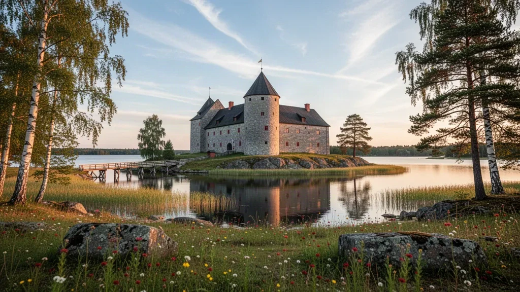 Sund, Åland Adaları'ndaki Kastelholm Kalesi, yumuşak İskandinav yaz ışığında hendek ve huş ağaçlarıyla çevrili ortaçağdan kalma bir granit kale