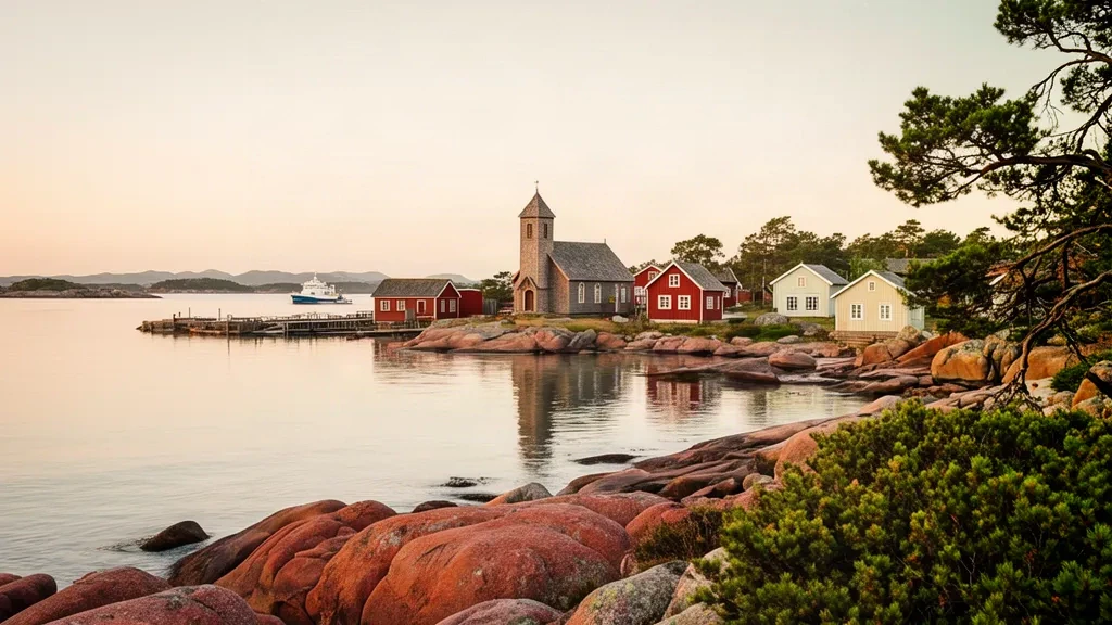 Holzhütten, Bootshäuser und eine kleine Kirche an den felsigen Ufern von Sottunga auf den Ålandinseln zur goldenen Stunde.