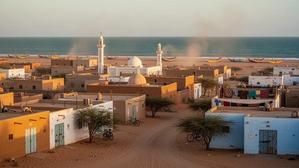 Nouakchott-Nord, Moritanya üzerinde altın saat manzarası; kumlu sokaklar, beyaz minareler ve çatıların ötesinde Atlas Okyanusu kıyı şeridi.
