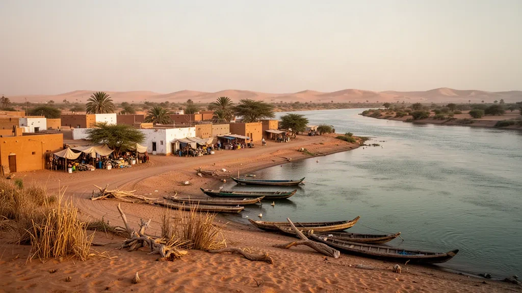 Vista durante la hora dorada sobre Rosso, en la región mauritana de Trarza, con el río Senegal, edificios ribereños y dunas sahelianas al fondo.