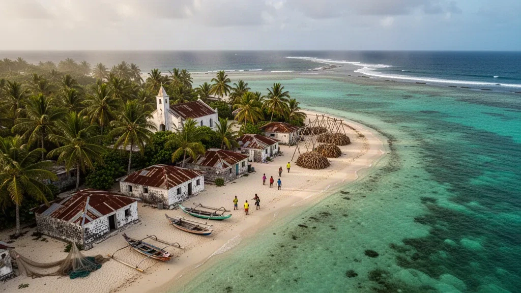 Vue aérienne du village de Vingt-Cinq sur les îles Agalega, à Maurice, avec des cocotiers, un lagon turquoise et des bâtiments blanchis en pierre corallienne