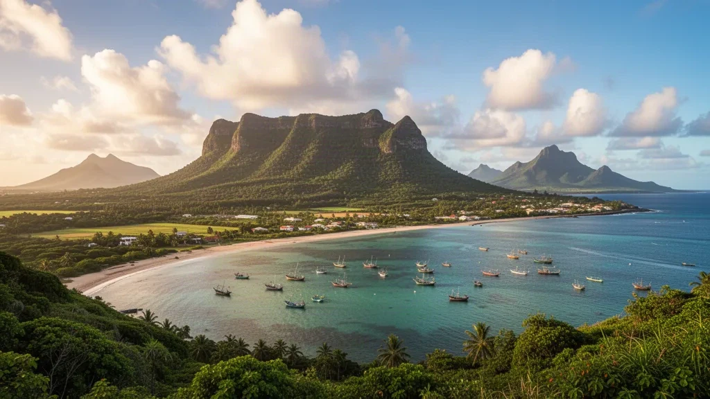 Malerischer Blick auf die Bucht von Grand Port und den Lion Mountain bei Mahébourg, Mauritius, mit türkisfarbenem Wasser und üppigen Küstenhügeln.
