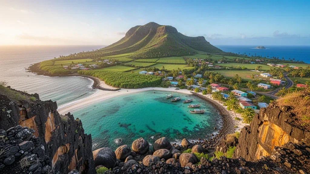 Blick zur goldenen Stunde über Rodrigues Island, Mauritius, mit türkisfarbener Lagune, Basaltklippen und grünen Hügeln über der Küste von Port Mathurin