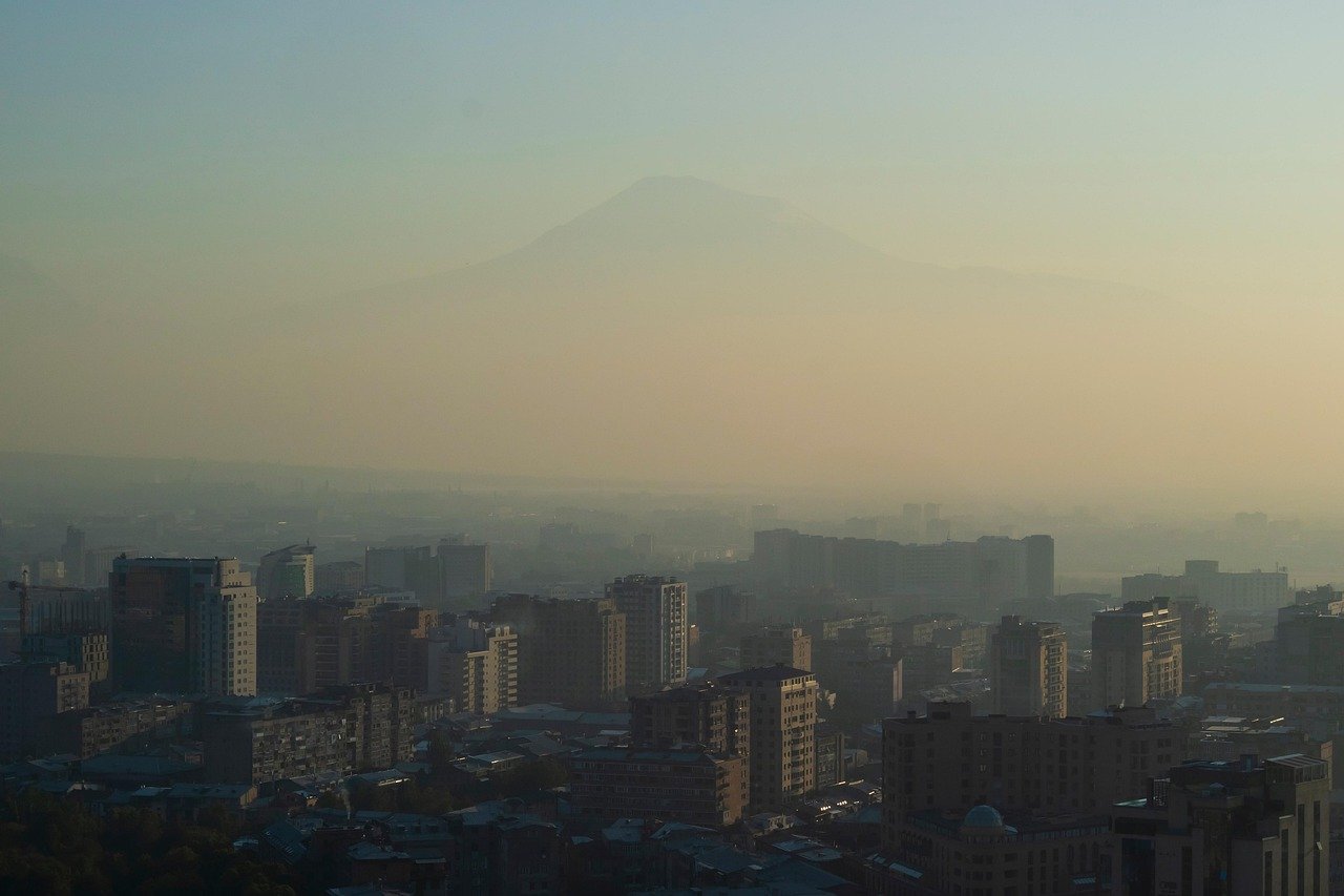 edificios, ciudad, Ereván, paisaje urbano, rascacielos, centro, urbano, neblina, monte Ararat, Armenia, lugar hermoso, atracción turística, Ereván, Ereván, Ereván, Ereván, Ereván