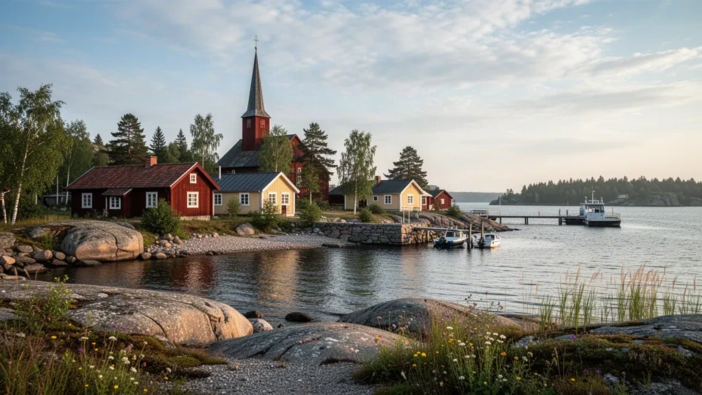 Case in legno e costa rocciosa del villaggio di Sottunga nell'arcipelago delle Isole Åland in una calma giornata estiva