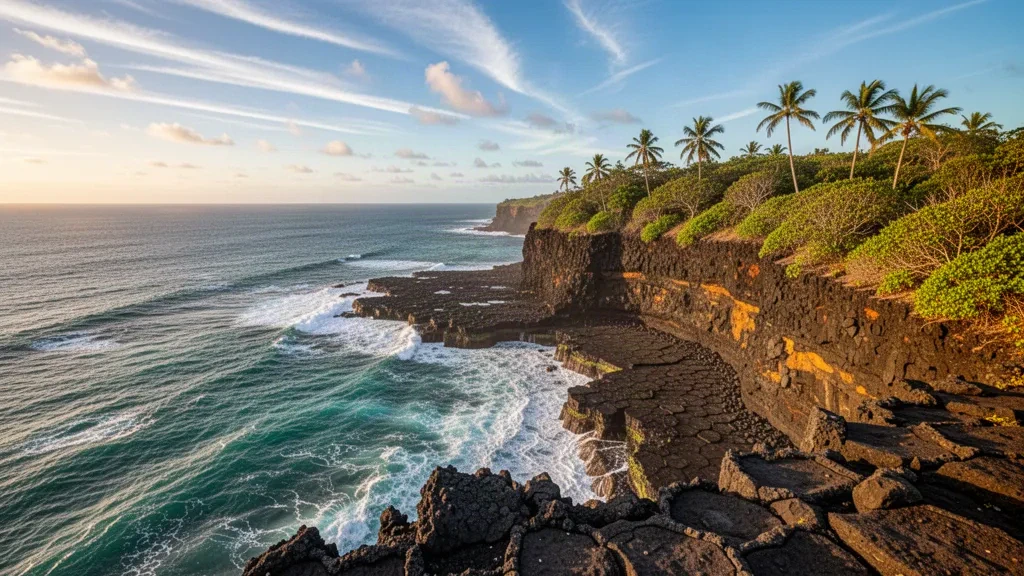 Golden-hour view of the volcanic cliffs and turquoise surf at Gris Gris in Souillac, Savanne District, Mauritius