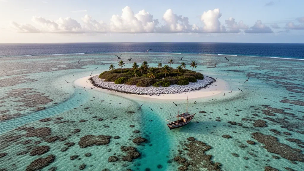 Mauritius'taki Saint Brandon Adaları'nın, turkuaz lagün suyu, mercan resifleri, kum bankları ve palmiyelerle kaplı küçük bir adacığı gösteren kuş bakışı görünümü