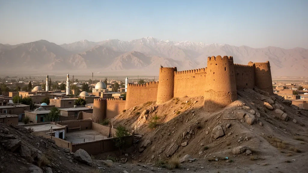 Antiguas murallas de la fortaleza Bala Hissar con vistas a la ciudad de Gardez, en la provincia de Paktia, Afganistán, bajo una cálida luz de hora dorada