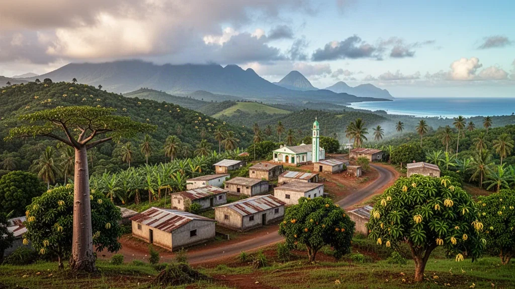 Colinas cubiertas de ylang-ylang y el minarete de la mezquita de un pueblo en Ouangani, en el centro de Mayotte, con cálida luz tropical de finales de la tarde