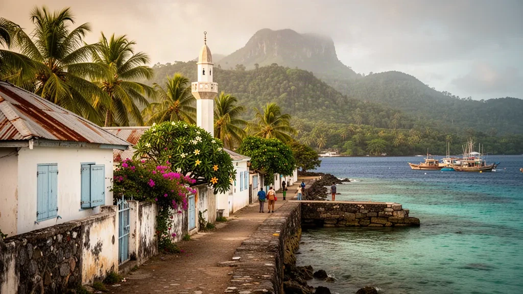 Villaggio costiero di Pamandzi su Petite-Terre, Mayotte, con palme da cocco, il minareto di una moschea e l'acqua turchese della laguna nella luce dorata del pomeriggio