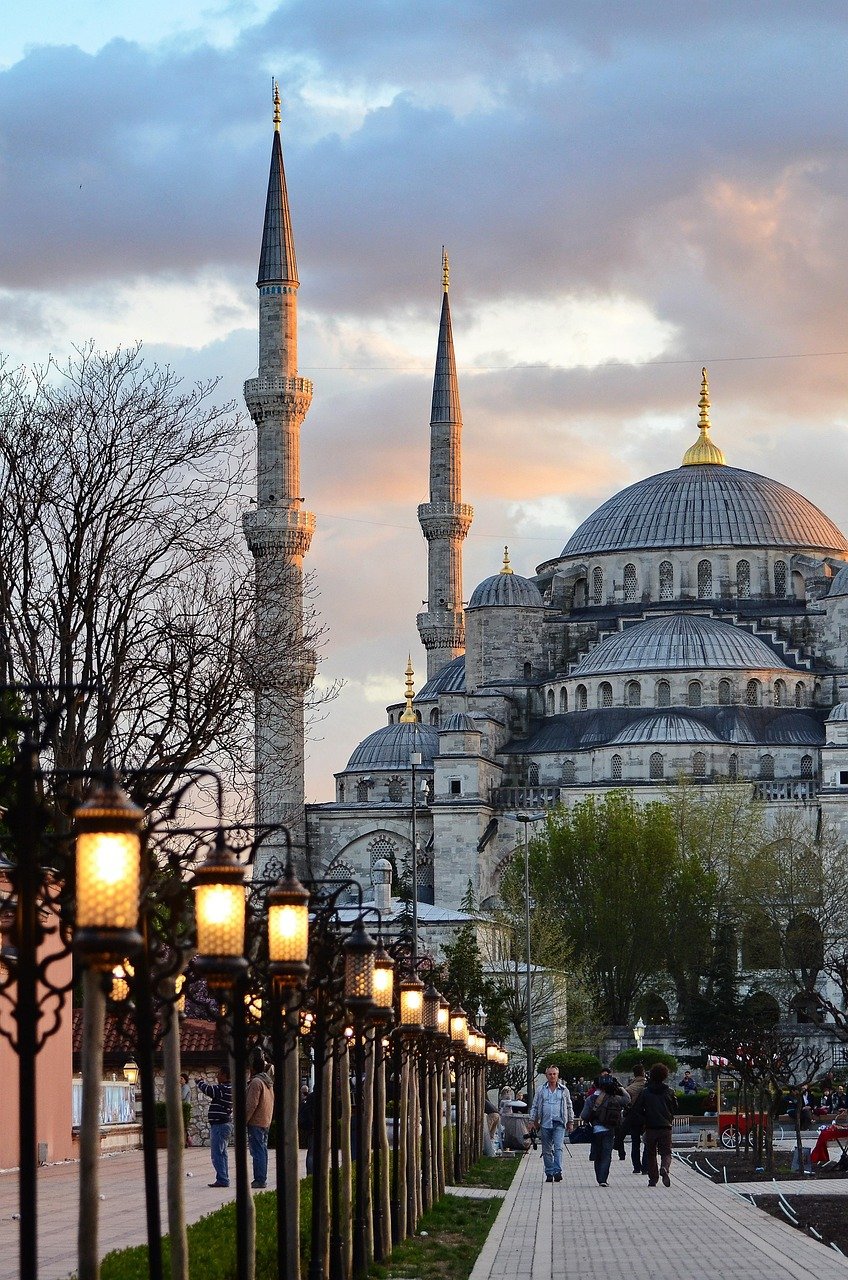 mezquita, minaretes, naturaleza, farolas, calle, arquitectura, estambul, islam, turquía, atardecer, ciudad