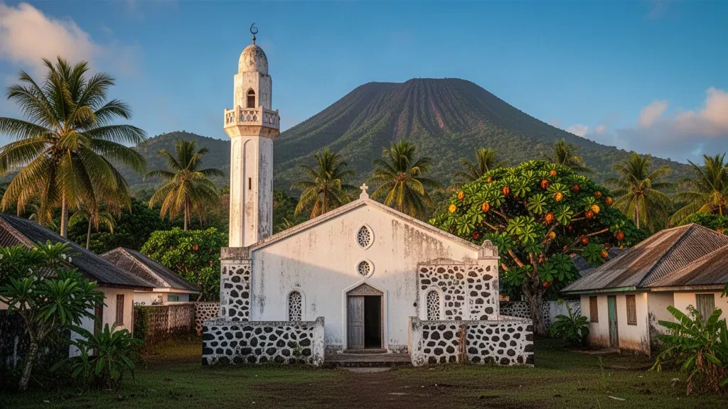 Mayotte'ta tropikal bitki örtüsüyle çevrili beyaz minareli ve mercan taşı duvarlı tarihi Tsingoni Camii.