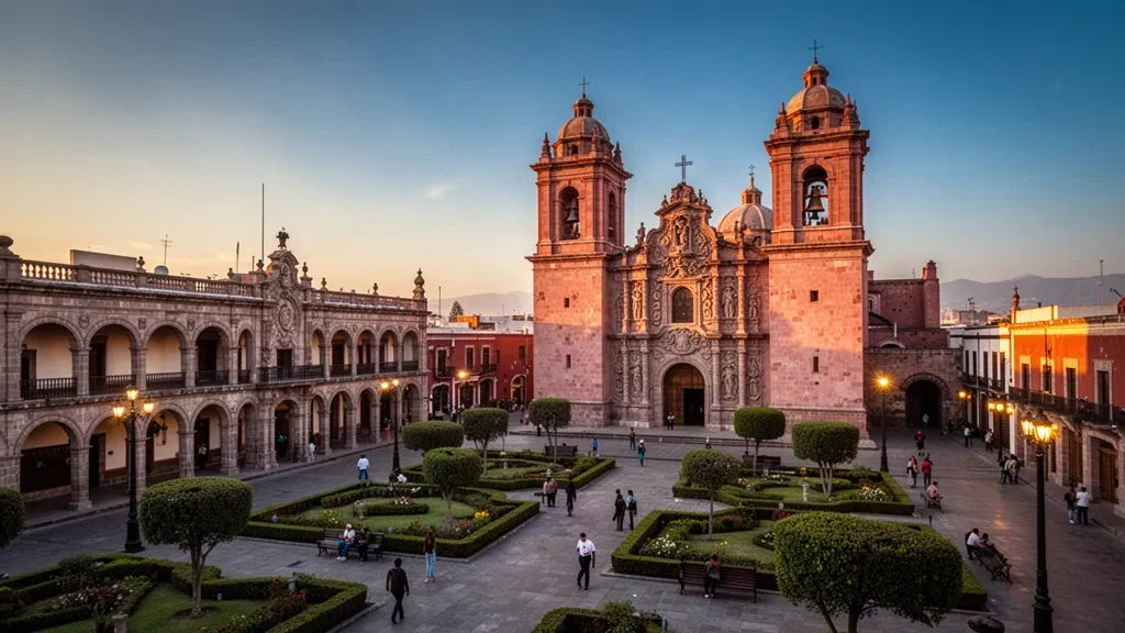 Veduta all'ora d'oro di Plaza de la Patria e della Cattedrale Basilica in pietra rosa ad Aguascalientes, Messico, con portici coloniali.