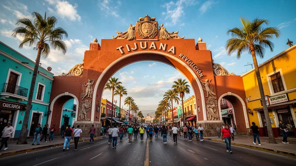 L'iconico Arco di Tijuana sull'Avenida Revolución in Baja California, Messico, sotto un cielo azzurro limpido con vivace vita di strada.